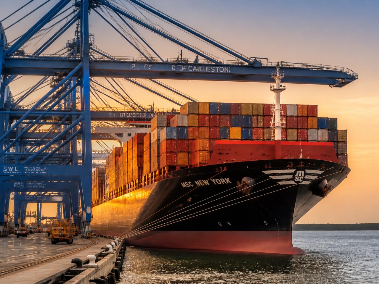 Container ship being loaded by gantry cranes at a commercial seaport